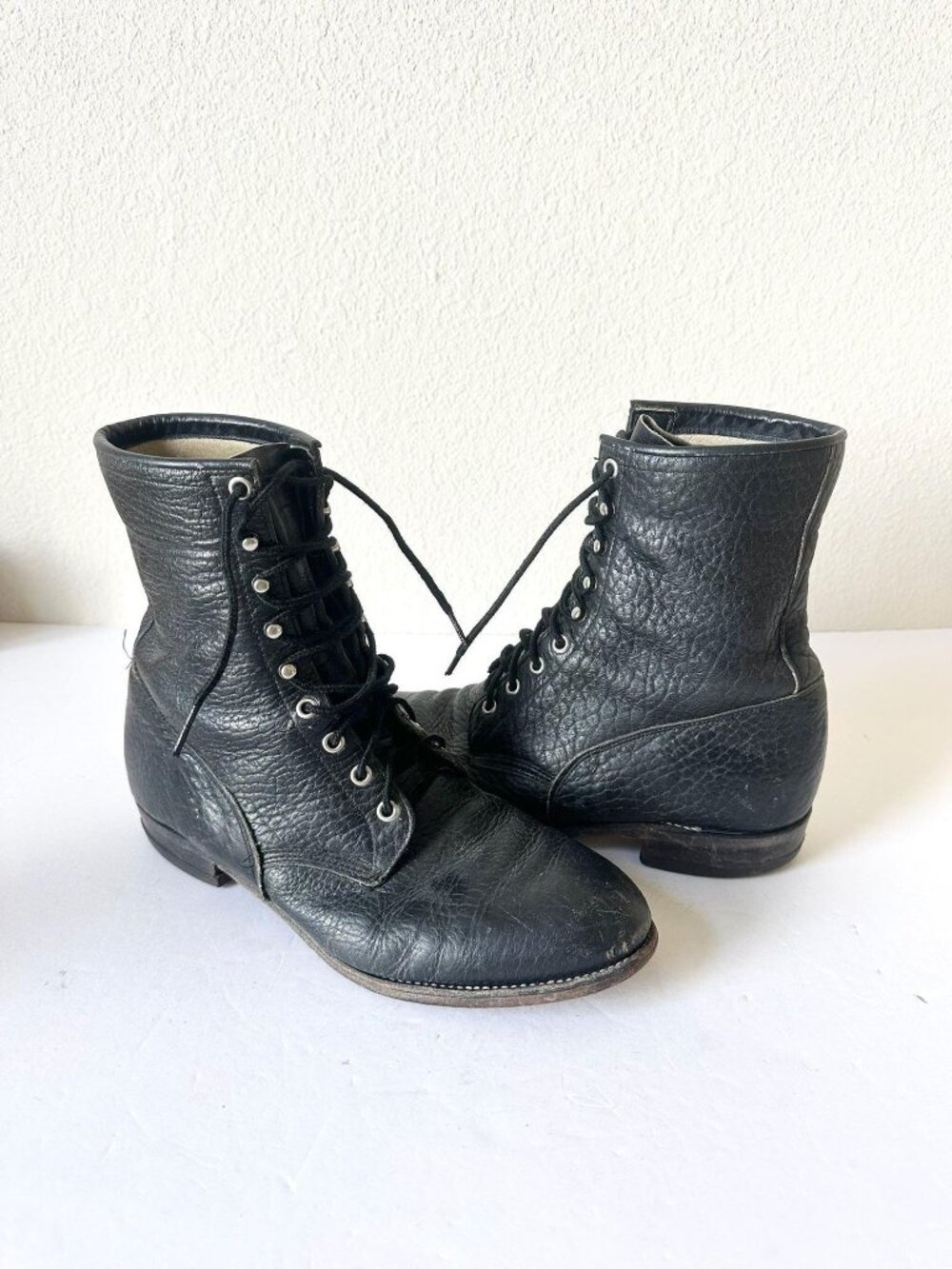 Vintage Black Lace-up Justin Roper Boots Mens 10.5 Distressed Western Boots